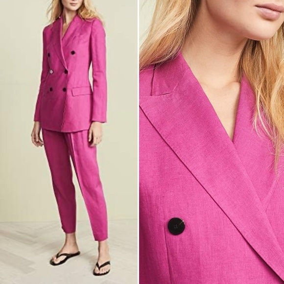 Vince Linen Blazer Jacket Double Breasted Tailor Pink Fuchsia Classic Preppy 8 - Picture 2 of 14